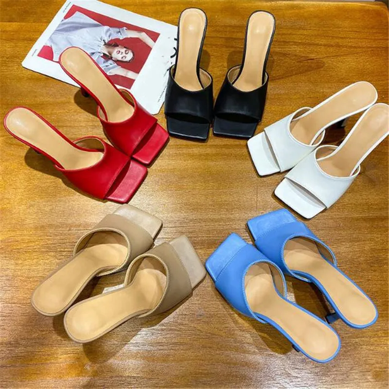 

High Quality Soft Leather Casual Mules Thin High Heel Sandals Summer Women Square Toe Outdoor Slippers Dress Shoes