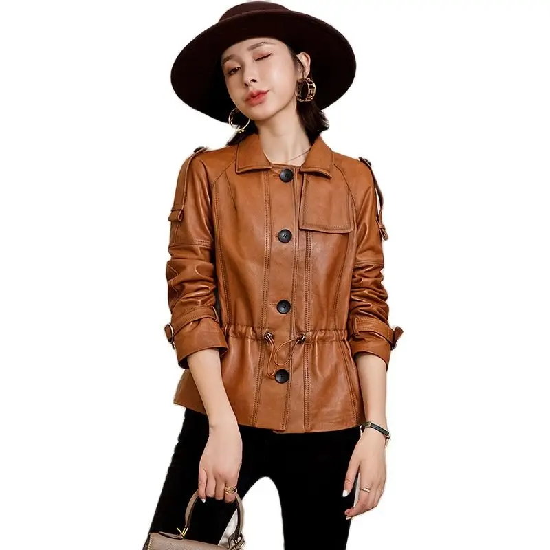 Chaqueta de piel de oveja auténtica para mujer, chaqueta locomotora de piel de oveja auténtica, de cuero marrón, con una hilera de botones