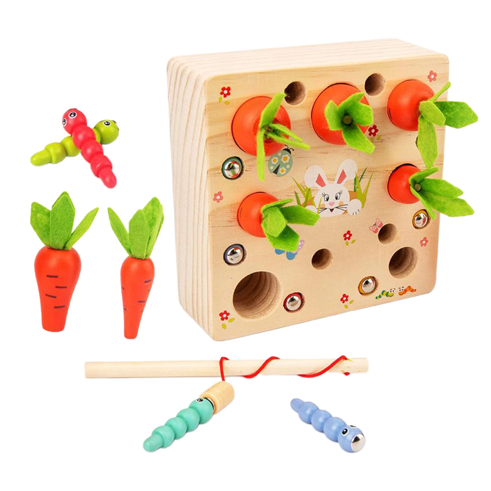 

Baby Wooden Montessori Educational Toys 2 in 1 Carrot Harvest, Catching Worm