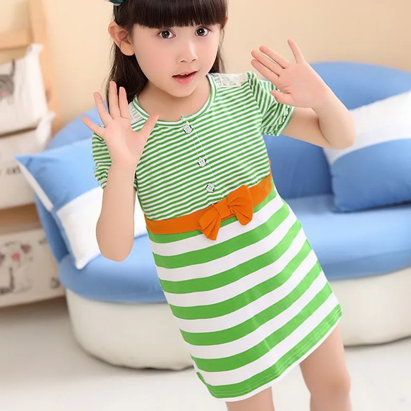 Kids Short Sleeve Straight Dress Cotton Toddler Girls Beach Casual Cute Baby Striped Daily Clothes Summer 1-8Y | Детская одежда и