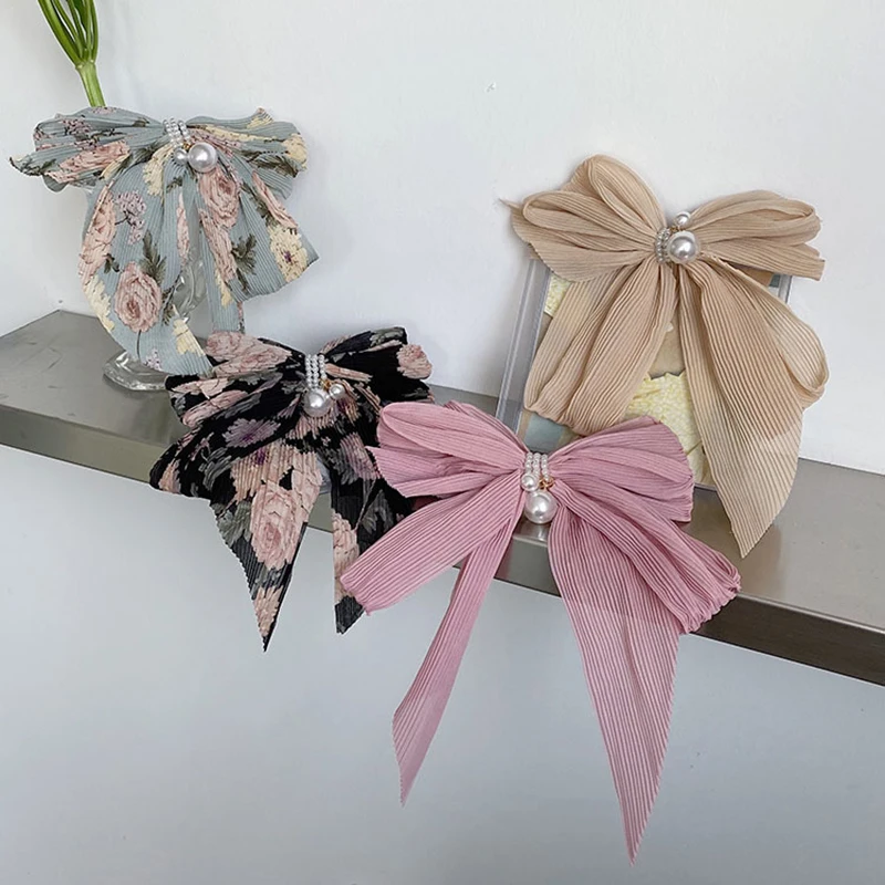 

High Quality Pearl Big Bow Hair Clips for Girl Folds Streamer Satin Popular Hairpins for Women Sweet Floral Hair Accessories