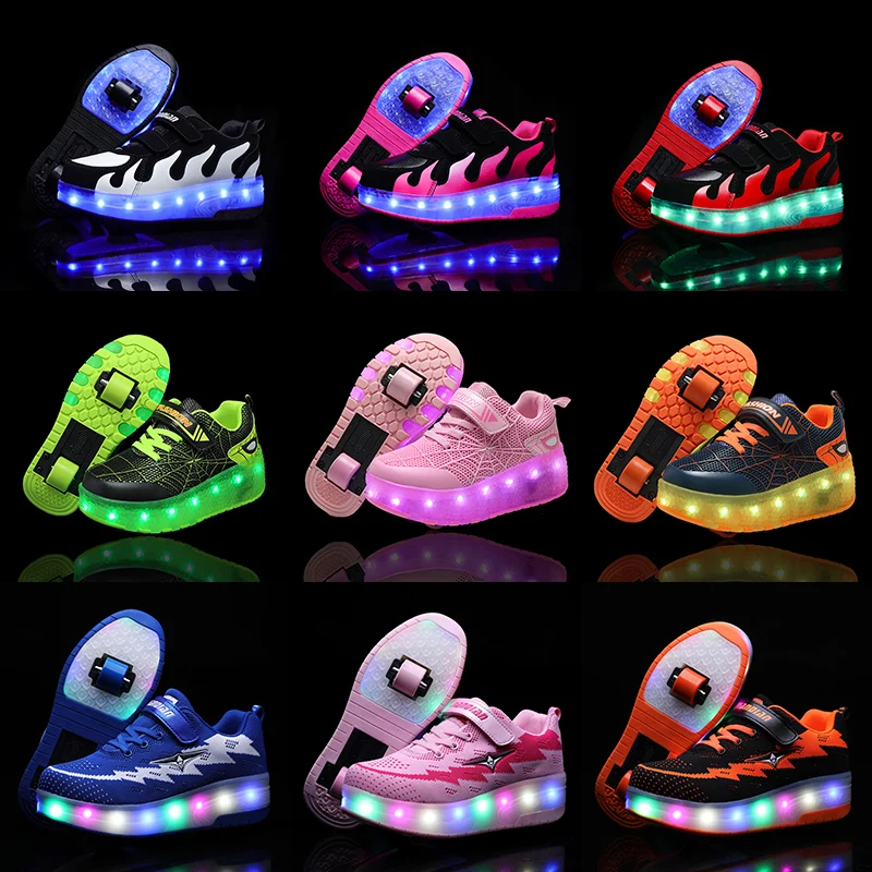 Blue Pink Led Light Roller Skate Shoes For Children Kids Led