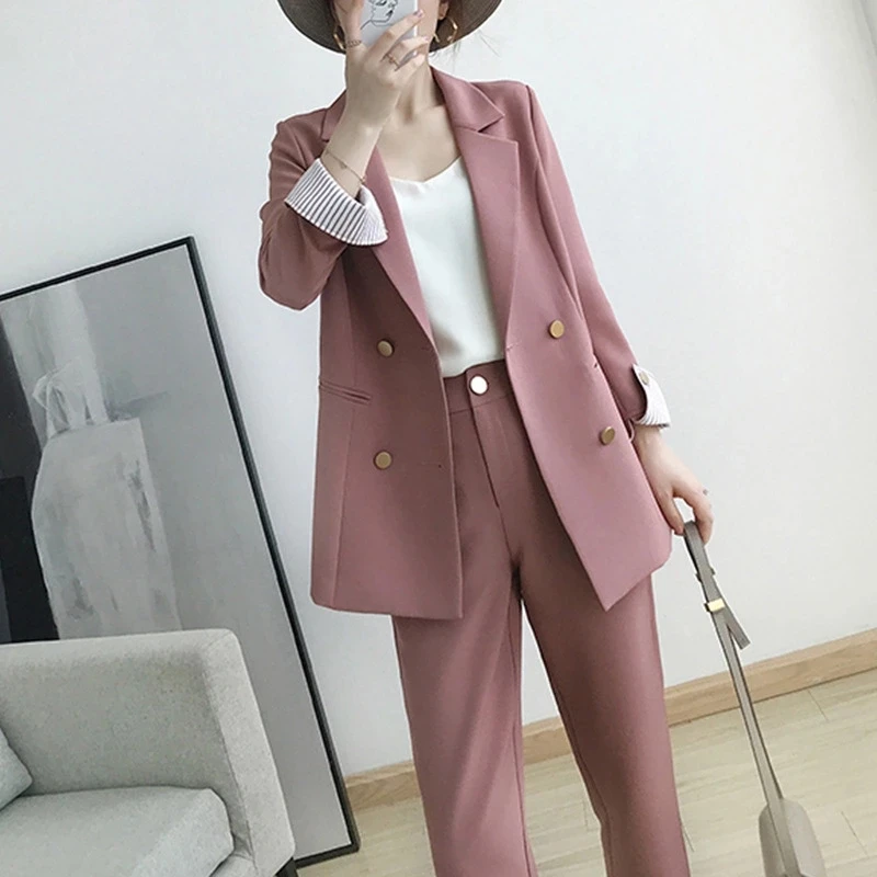 Pink Pants suit Женские костюмы осенние новые женские темпераментные двубортные розовые Большие размеры костюм куртка повседневные штаны комплект из двух предметов - Цвет: Pink Pants suit