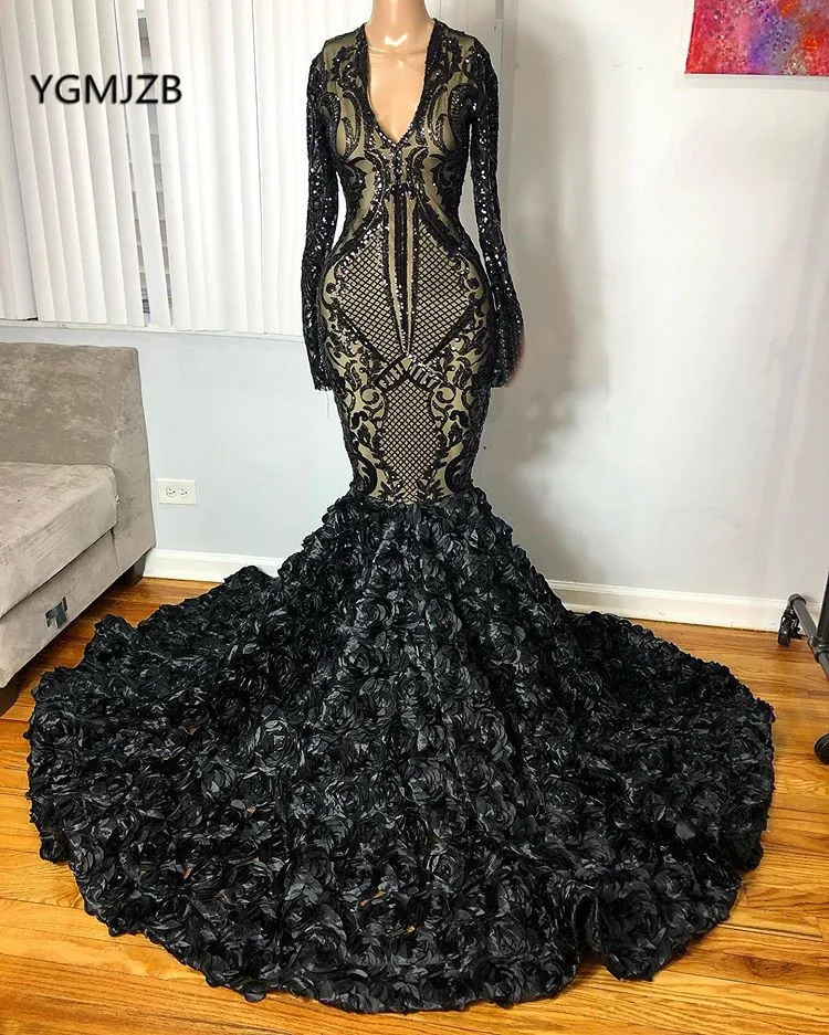 Black Long Sleeves Prom Dresses Mermaid 2020 V Neck Sparkle Sequin 3D Flowers African Formal Graduation Dress Evening Gown