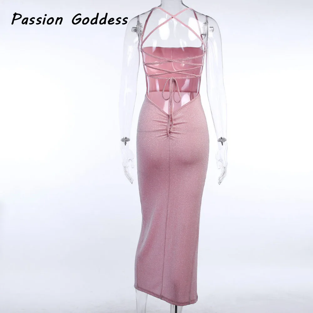 Розовое блестящее длинное платье сексуальное женское с разрезом на шнуровке