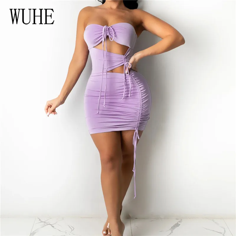 

KEXU Hollow Out Mini Bodycon Sexy Halter Off Shoulder Pleated Lace Up Drawstring Sleeveless Casual Party Nightclub Dresses