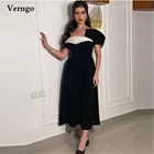 Классическое черное вечернее платье Verngo трапециевидной формы с открытыми плечами и белым вырезом длиной до середины икры, арабское женское официальное платье для выпускного вечера