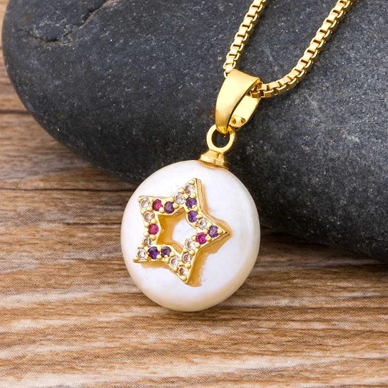 

Macro Pave CZ Tiny Star Charm Natural Freshwater Pearl Coin Bead Jewelry Rainbow Gold Chain Pendant Choker Necklace For Women