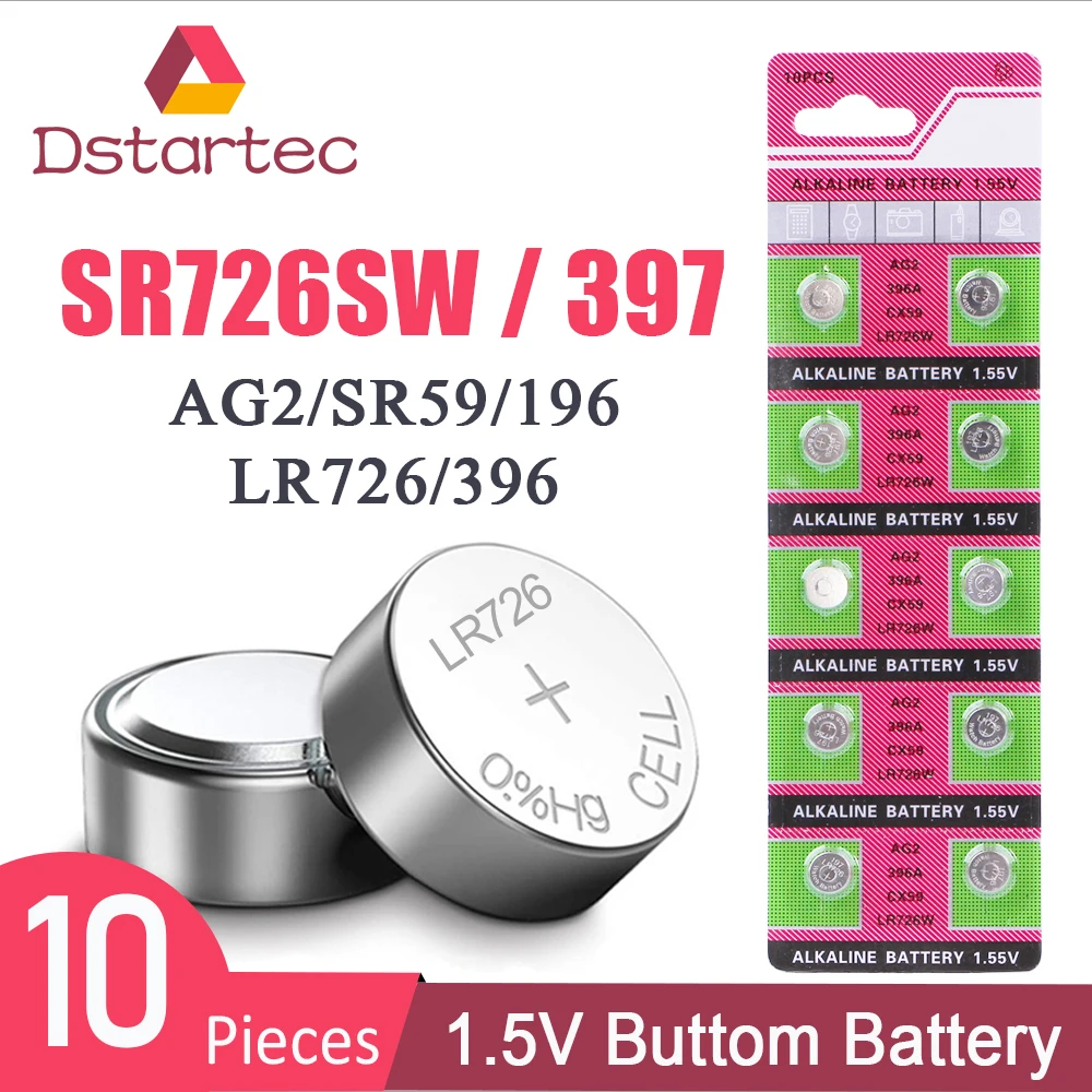 

10pcs 2021-NEW 1.55V AG2 LR726 397 396A SR726 196 SR59W SR726SW 30mAh Button Battery For Watch Toys Remote Cell Coin Batteries
