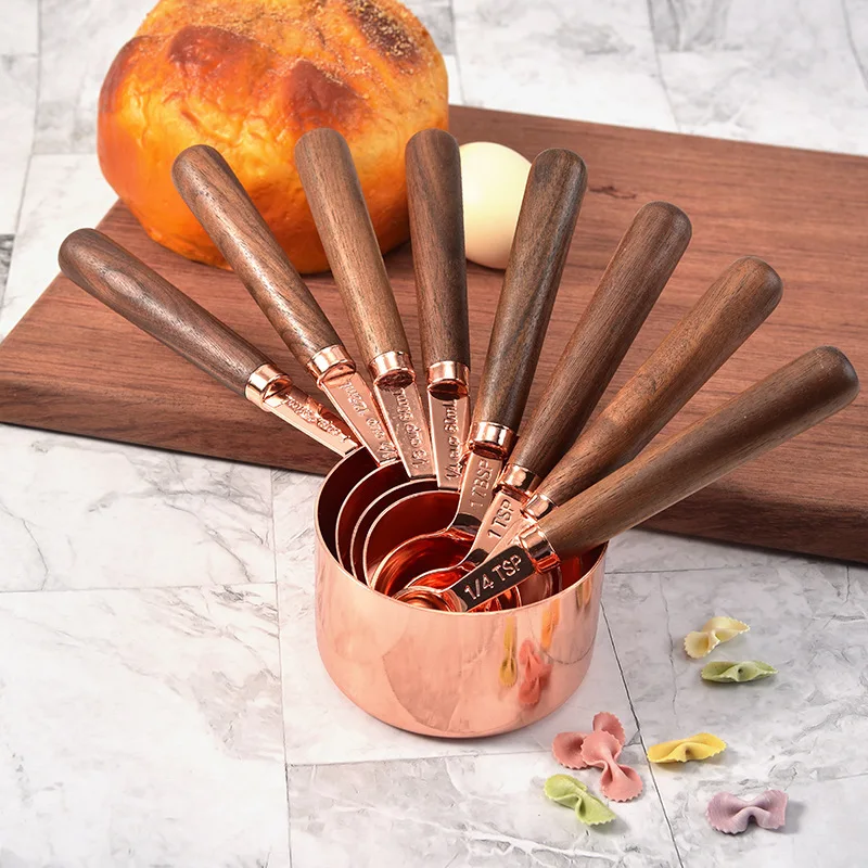 

UPORS Stainless Steel Measuring Cups and Spoons Set with Walnut Wooden Handle Copper Measuring Cups Set for Baking and Cooking