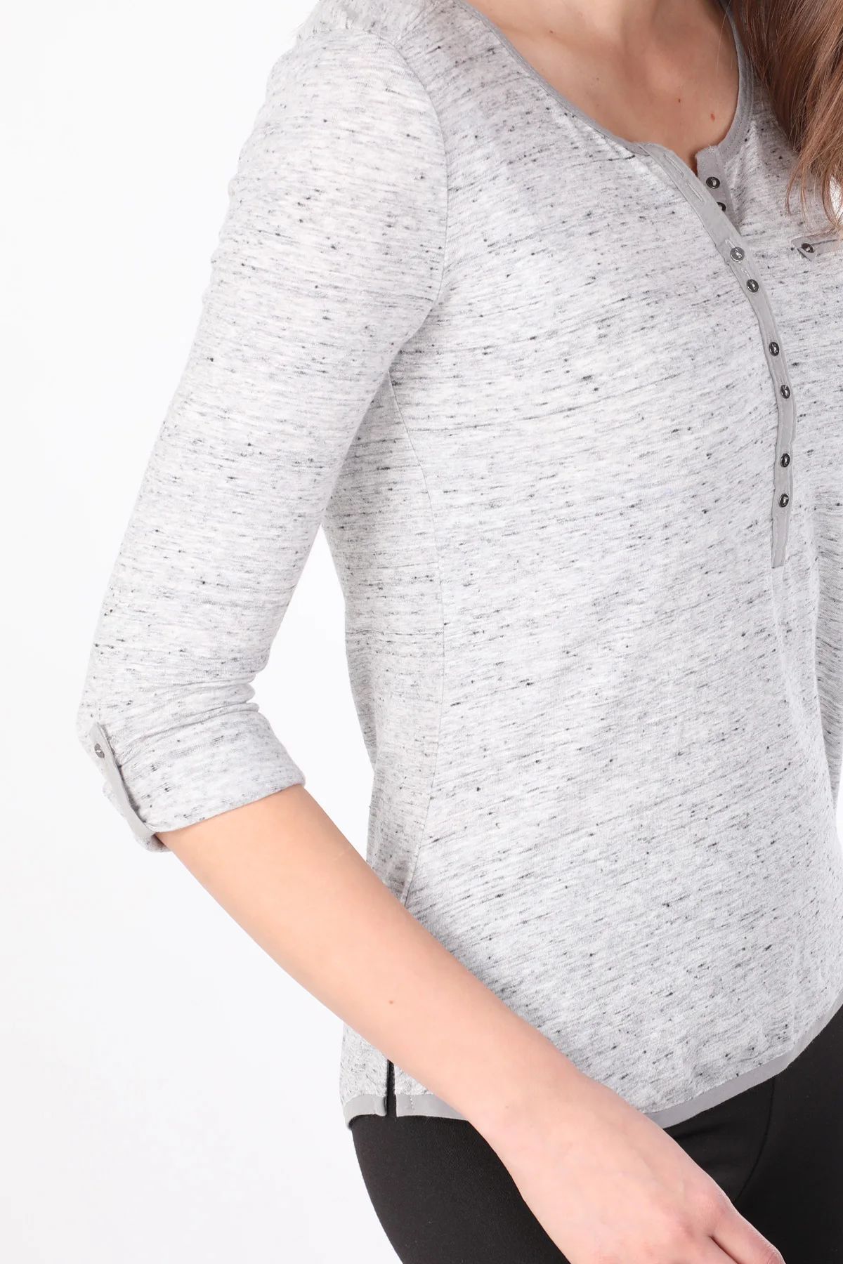 

Womens Half-Button Long Sleeve Basic T-shirt Gray