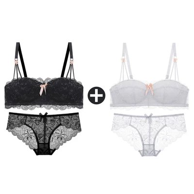 Black And Grey Sets 2 шт., бюстгальтеры для женщин, маленькая грудь, беспроводной бюстгальтер, кружевной бесшовный бюстгальтер с эффектом пуш-ап и трусики, набор, половина чашки, сексуальные трусы, нижнее белье - Цвет: Black And Grey Sets