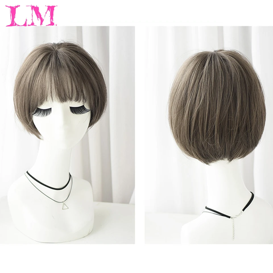 

LiangMo Short Bob Wig With Bangs for Women Synthetic Bob Wigs Straight Brown Wig for Party Daily Use Shoulder Length