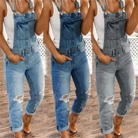 new women denim bib overalls jeans jumpsuits and rompers ladies ripped hole casual long playsuit pockets coverall