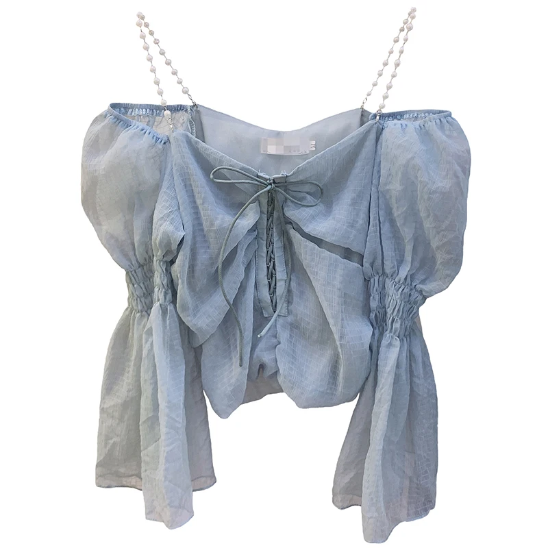 

2021 New Style Sexy Bandage Bow Long Sleeve Pearl Sling Blouse Slim Waist Small Fragrance Blouse
