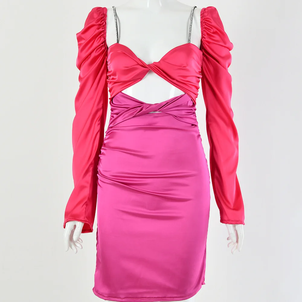 

2020 Women Hollow Out Patchwork Bodycon Dress Sexy V-Neck Puff Sleeve Party Ruched Dresses Female Long Sleeve Dress Vestidos