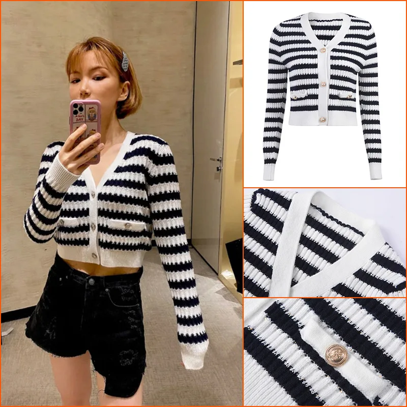 

Early spring new black and white stripe short knitted cardigan coat elegant temperament V-neck bottomed sweater women's sweater