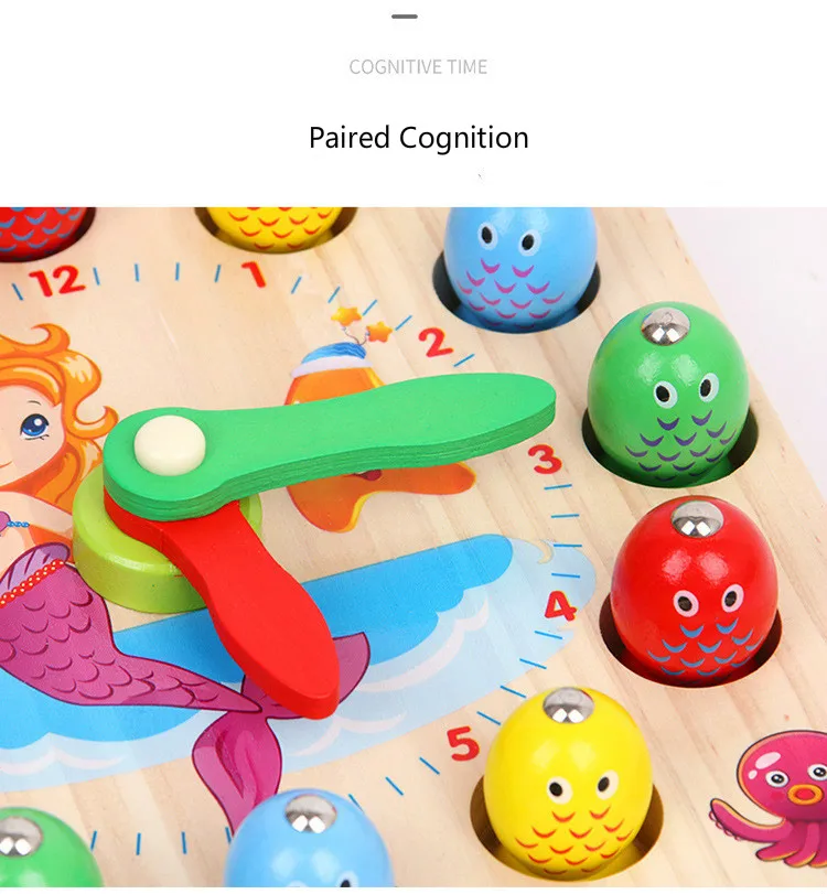 Детские деревянные магнитные рыболовные игрушки часы русалка два в одном игра