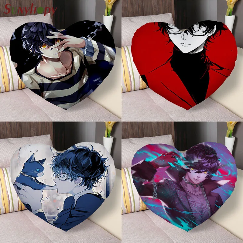 

PERSONA 5 Heart Shape Custom Throw Pillows Pillowcase Zippered Satin Fabric Cushion Home Decoration