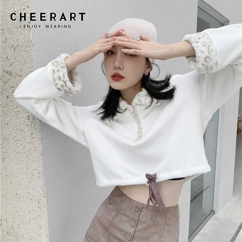 

Женская укороченная Толстовка CHEERART, белая толстовка с воротником и длинным рукавом, с леопардовым принтом, корейская мода, Осень-зима