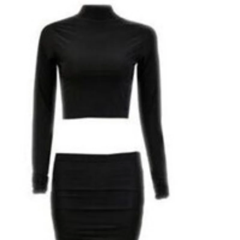 

Brushed soft stretch slim two-piece pleated nightclub woman dress black and gray autumn and winter plus size clothing for women