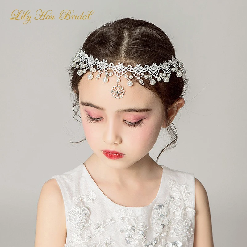 

Lovely Flower Girl Headpieces Lace Pearls Wedding Party Hair Band Forehead Chain Free Shipping