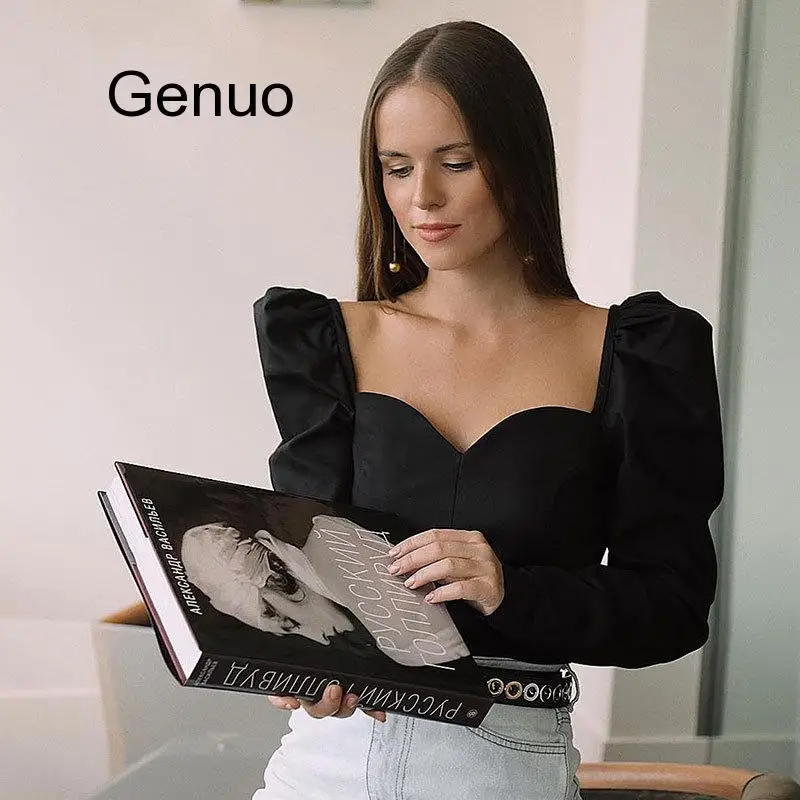 

Special Offer Hot Sale Korean Autumn Solid Color Vintage New Women Shirts Puff Sleeve Square Sexy Small V-neck Slim Blouse