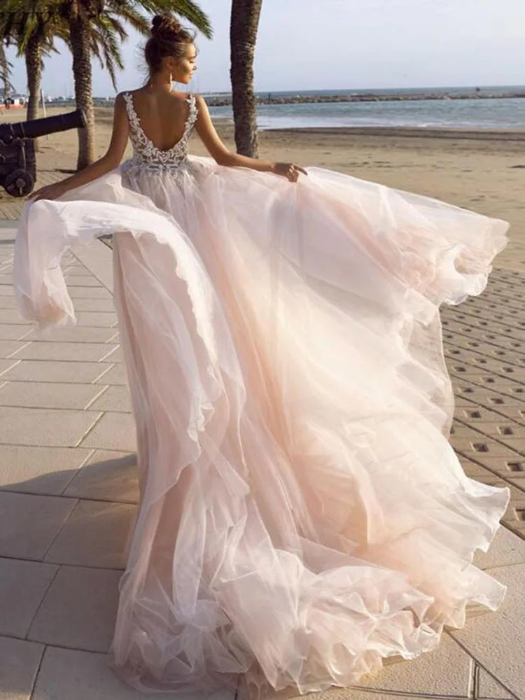 

Hi Shy Bride New Simple Wedding Dress Backless Sleeveless Design Chiffon Lace Bride Dresses Princess Dress Plus Size Tailor-made