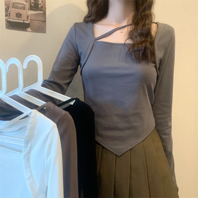 

2021 Korean Clothes New Spring/Autumn Short Section Women's Clothing High Street T-Shirts Asymmetrical Solid Square Collar Trend