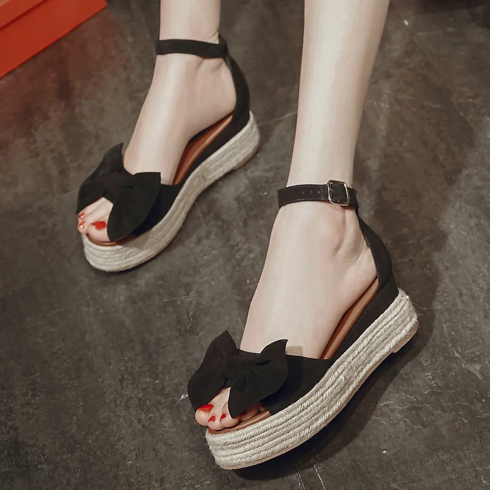 

Women's natural suede leather thick sole platform flats sandals open toe summer casual ankle strap sweet bowtie casual shoes hot