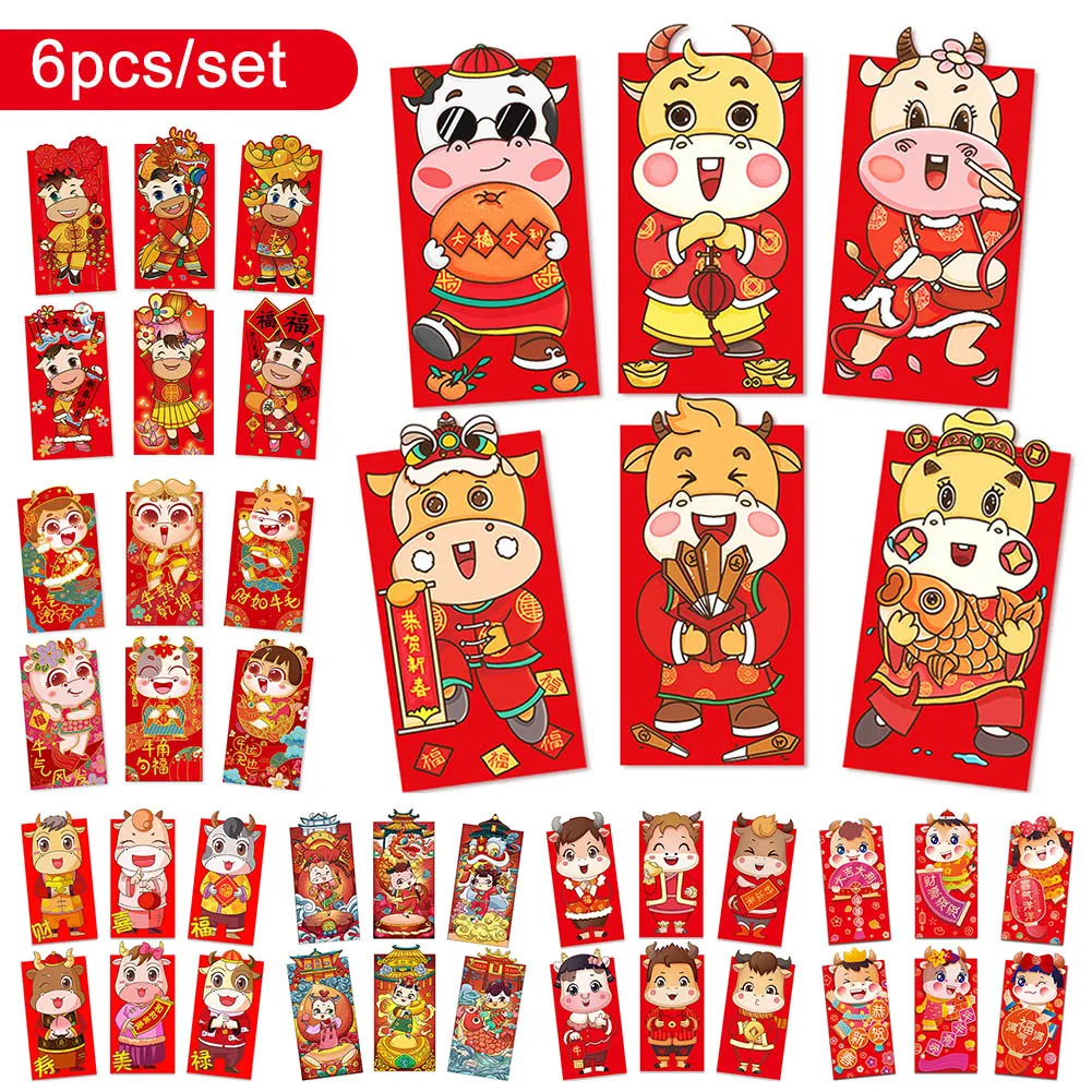 

6Pcs kawaii Red Envelopes Lucky Pockets 2021 Chinese New Year Hongbao Year of the Ox for Spring Festival Wedding