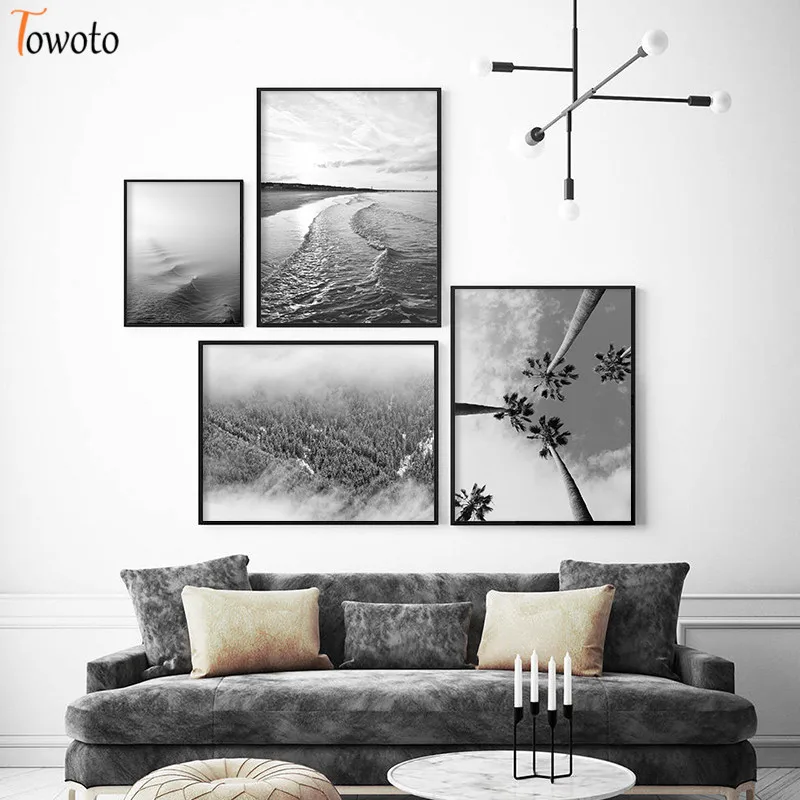 Черно-белый пейзаж с принтом листьев пальмы кактуса холст живопись лес море