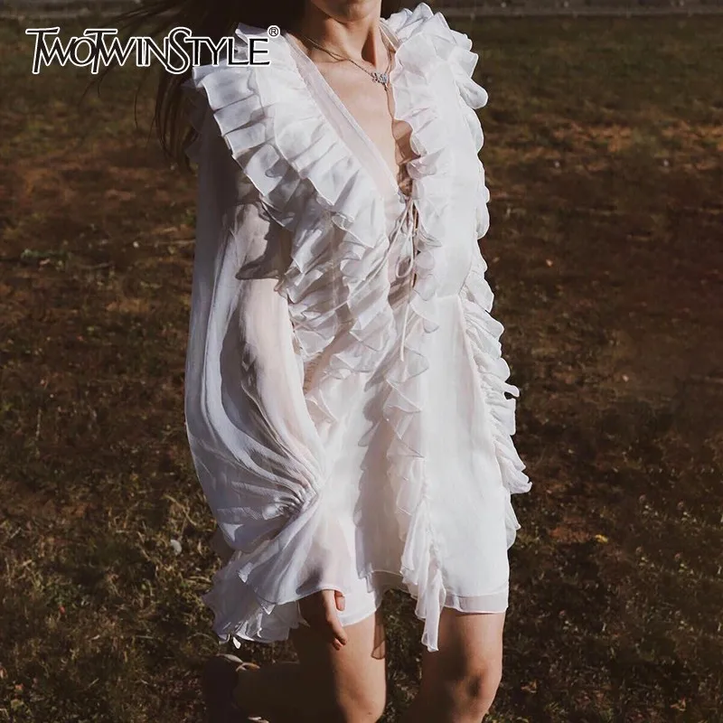 Женское мини-платье TWOTWINSTYLE элегантное платье с оборками v-образным вырезом