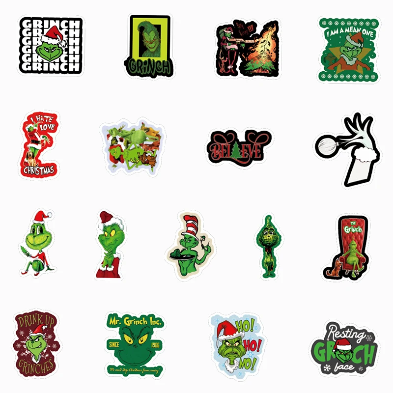 50 Uds. De pel&iacute;cula de animaci&oacute;n americana, pegatinas de Navidad de estola de Grinch para refrigerador, Scooter, pegatina de vidrio para ventana-2