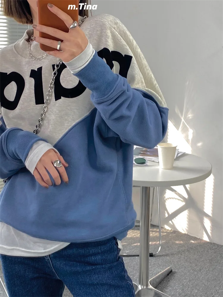 Женская толстовка с надписью хлопок осень зима круглым вырезом в стиле пэчворк