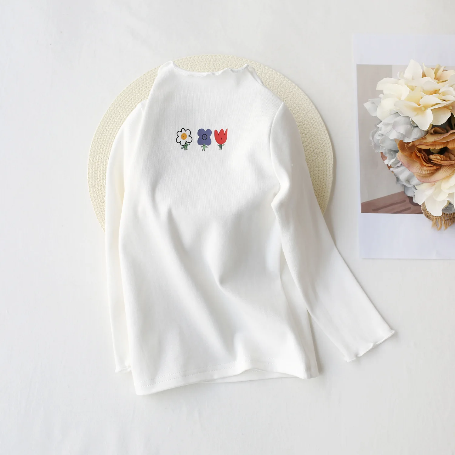 

2021 autumn new girls' bottoming shirt versatile fungus edge collar T-Shirt Baby Long Sleeve elastic top 4006 12