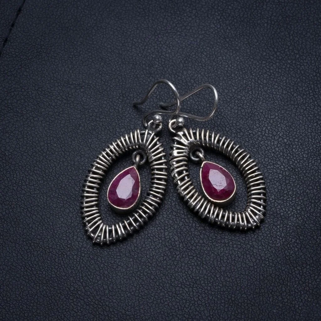 

Natural Cherry Ruby Handmade Vintage 925 Sterling Silver Earrings 1 3/4" T3795