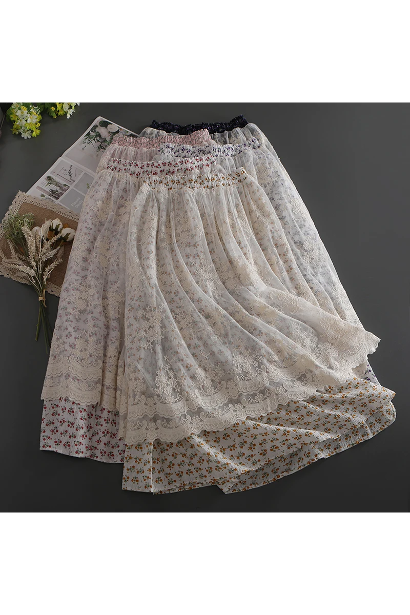 

2021 Summer New Mori Series Floral Skirt Women Elastic Waist Casual Skirts GL6905