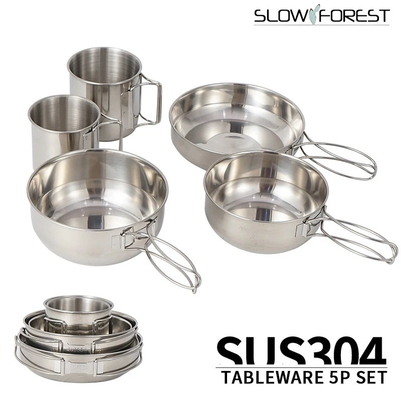 

Уличная чашка и миска из нержавеющей стали 304, портативный горшок для альпинизма из 5 предметов, посуда для кемпинга, пикника, барбекю, путеше...