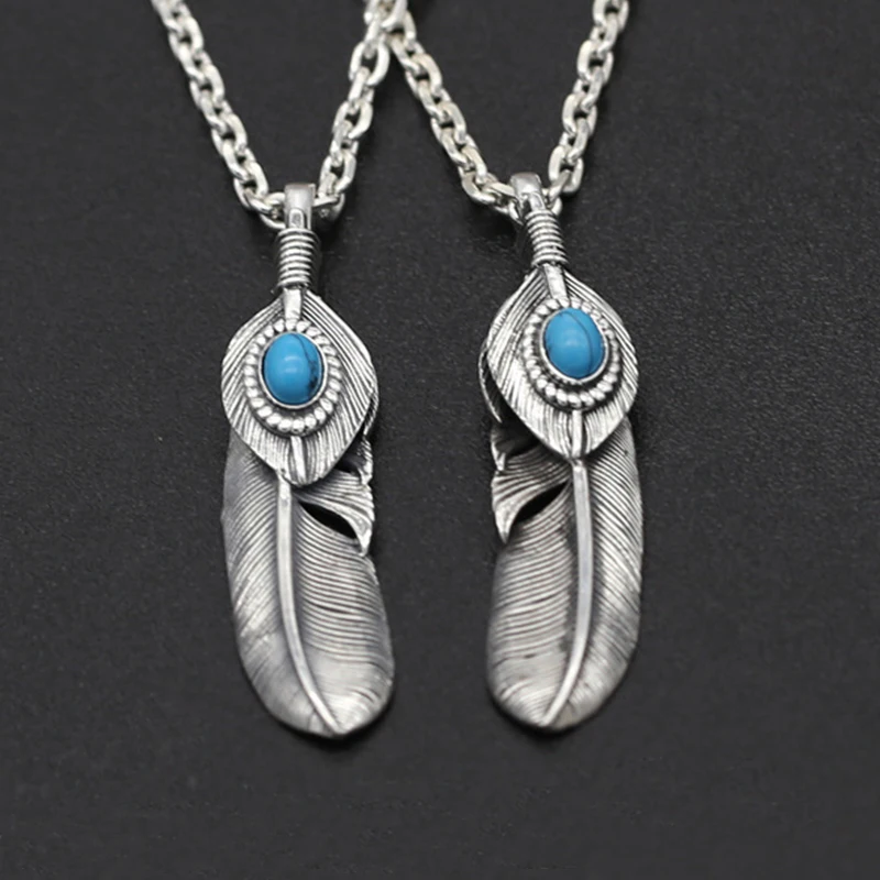 

S925 Sterling Silver Jewelry Takahashi Goro Retro Thai Silver Handmade Eagle Blue Turquoise Size Feather Pendant