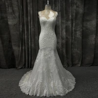 elegant mermaid lace appliques wedding dress v neck sleeveless v back bridal gown with train