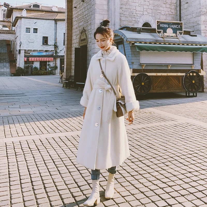 

Winter Clothes Women Fashion Eleant Korean Style Belt White Woolen Trench Coat for Women Single Breasted Slim Long Overcoat C30