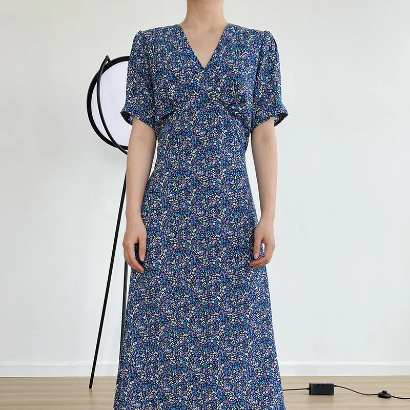 

Korean Chic V-neck Oil Painting Print Dress 2021 Summer Vintage Puff Short Sleeve A Line Woman Dress Trendy Elegant Femme Robe