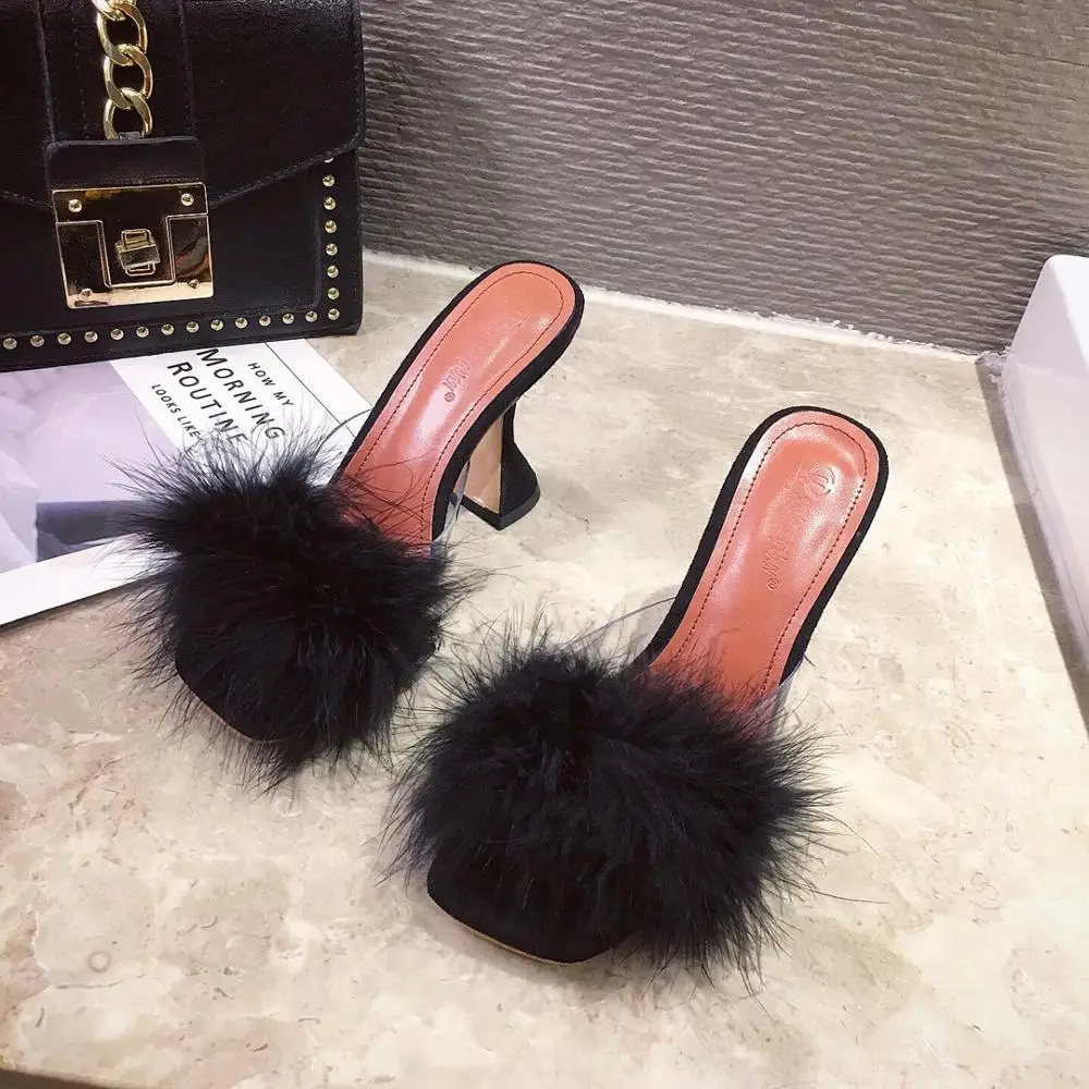 LanLoJer 2020 летние женские туфли лодочки с перьями из искусственного меха на высоком