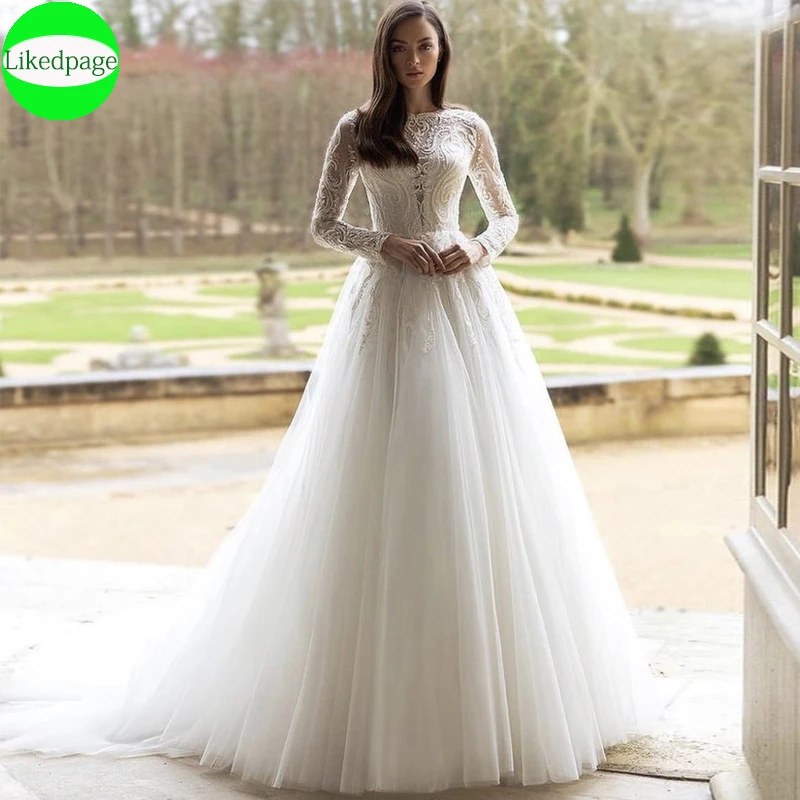 

Long Sleeve Wedding Dress Vintage Vestidos De Novia A-Line Lace Appliques Sequined Button Sweep Train Bride Gown 2021 Trouwjurk