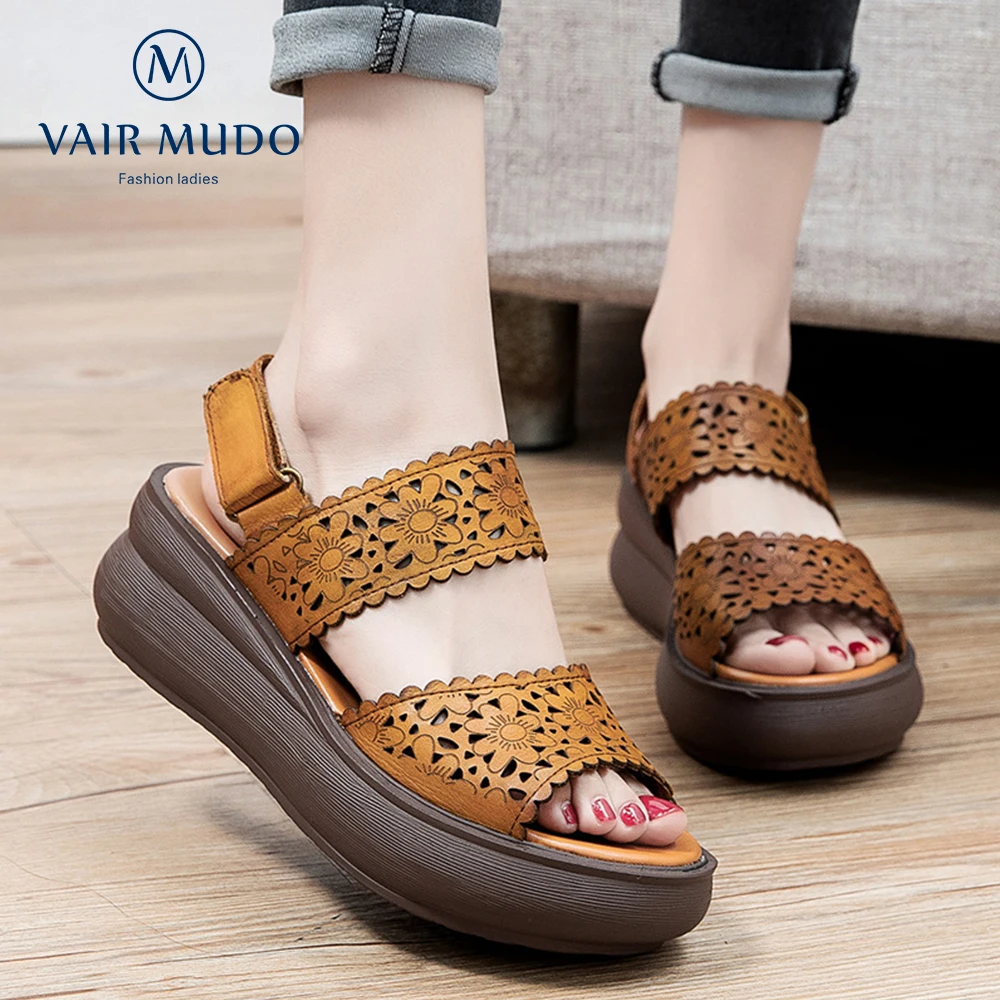 

VAIR MUDO Women Sandals Shoes Genuine Cow Leather Casual Waterproof Platform High Heels Rounde Toe Elegant Adult FootwearLX94L