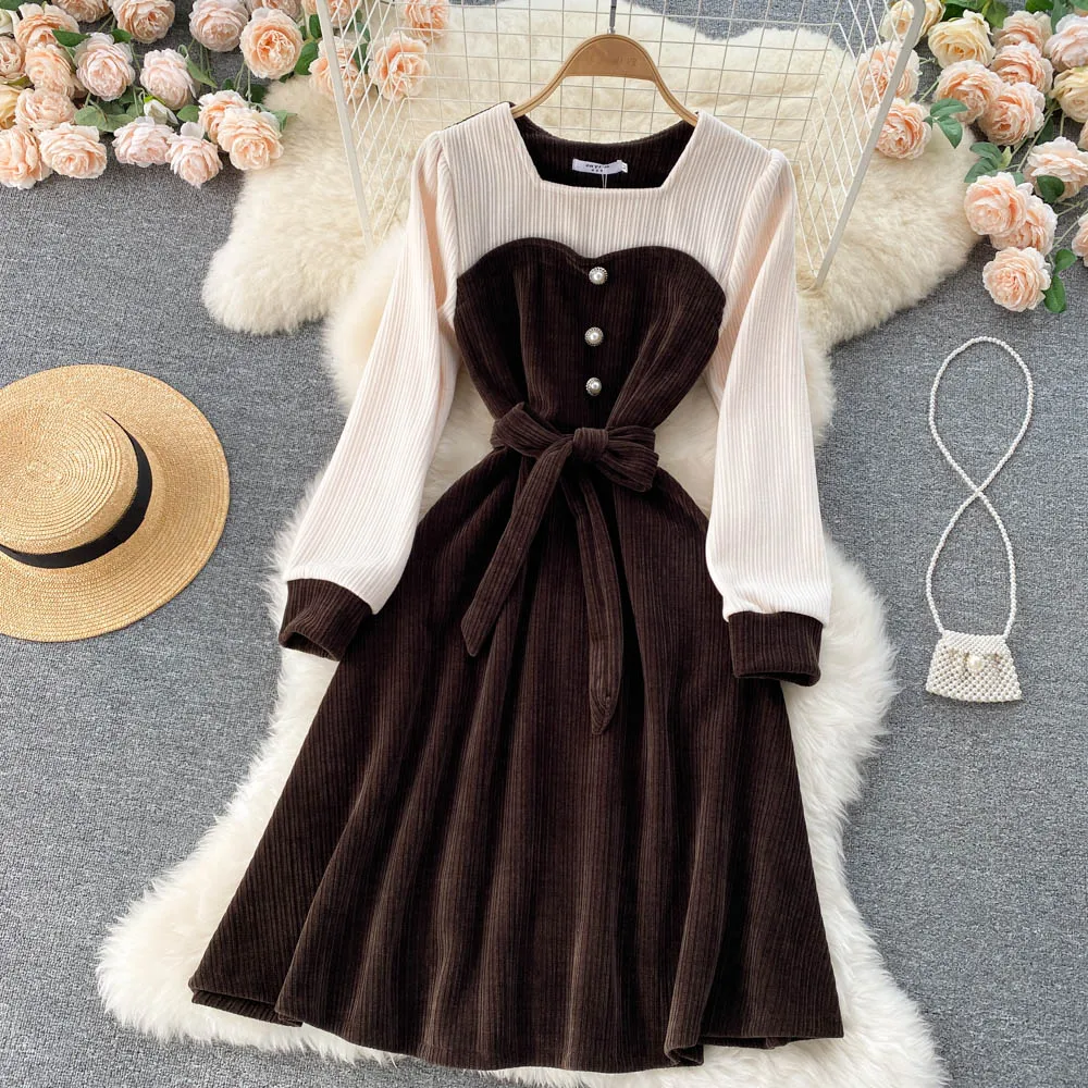 

Vintage Black Brown Corduroy Dress Fashion Women Square Collar Contrast Color Dresses Winter Prom A Line Party Vestido Feminino