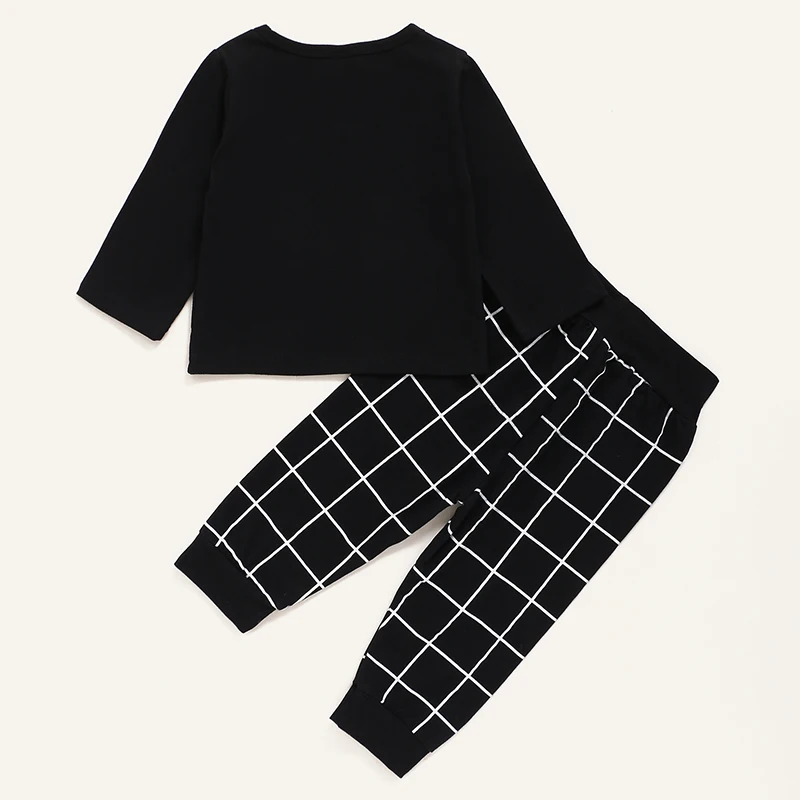 

Toddler Boys Spring Outfits Baby Boy Clothes 2PCS White Letters Black Long Sleeve Shirt and Plaid Pants Boys Clothes Set