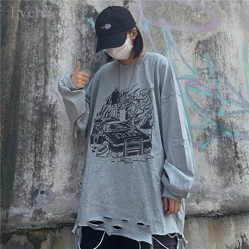 Lychee Harajuku Свободные повседневные женские толстовки с круглым вырезом топ с принтом пламени отверстие Женская Толстовка Топы весна осень женские пуловеры