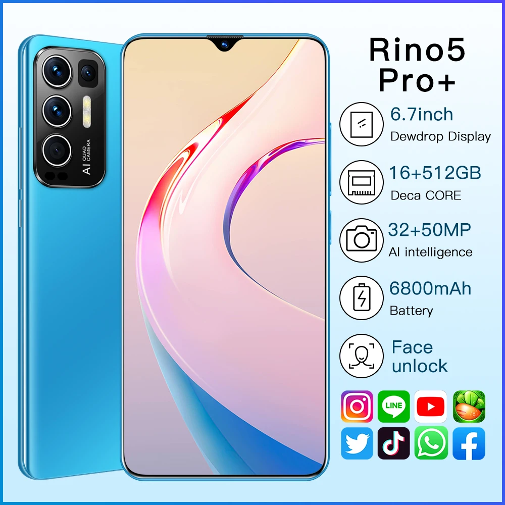 

Global Version Rino5 Pro+ Smartphones 6.7Inch 16+512GB 6800mAh Mobile Phones 32MP +50MP HD Camera Android11 Dual SIM Cellphones